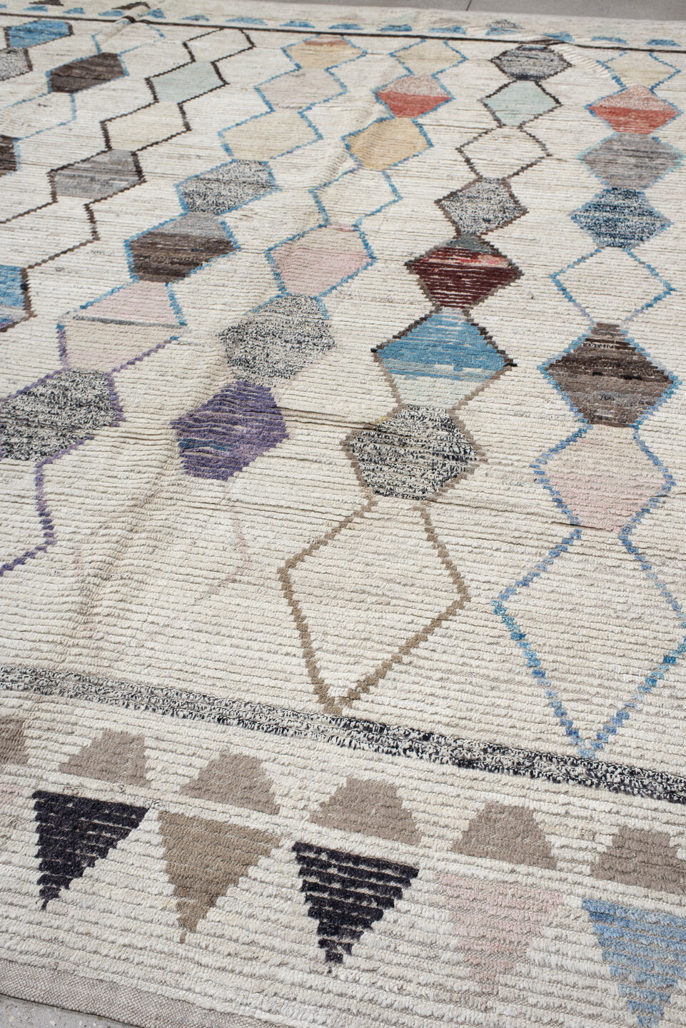 11' x 13' one-of-a-kind handmade vintage Tulu oversize rug. Color palette: blue, brown, dark gray, gainsboro, gray