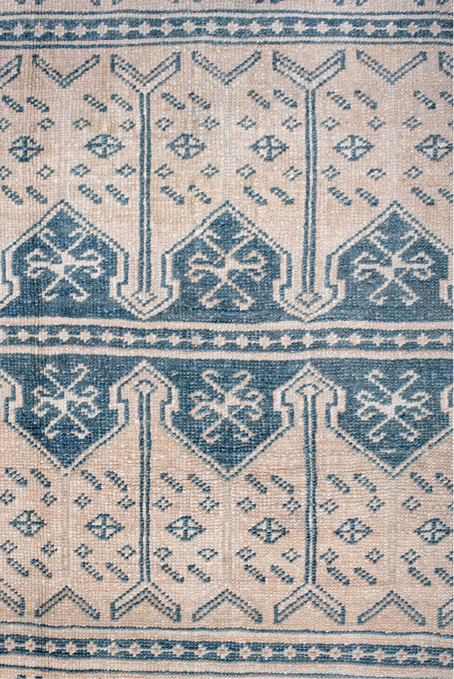 3' x 6' one-of-a-kind handmade vintage Anatol small size rug. Color palette: antiquewhite, arapawa, black, blue, charcoal