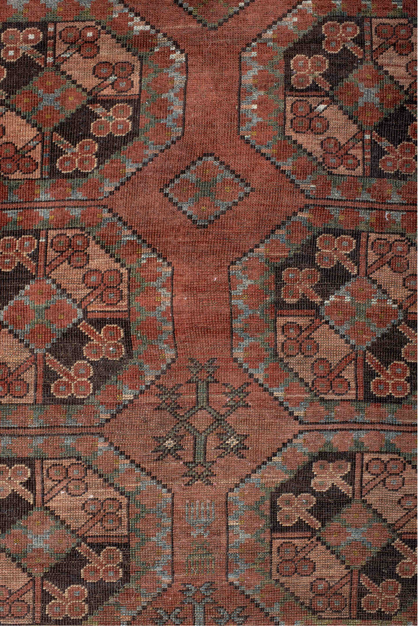 3' x 3' one-of-a-kind handmade vintage Afghan small size rug. Color palette: black, brown, gray, light gray, off-white, pink