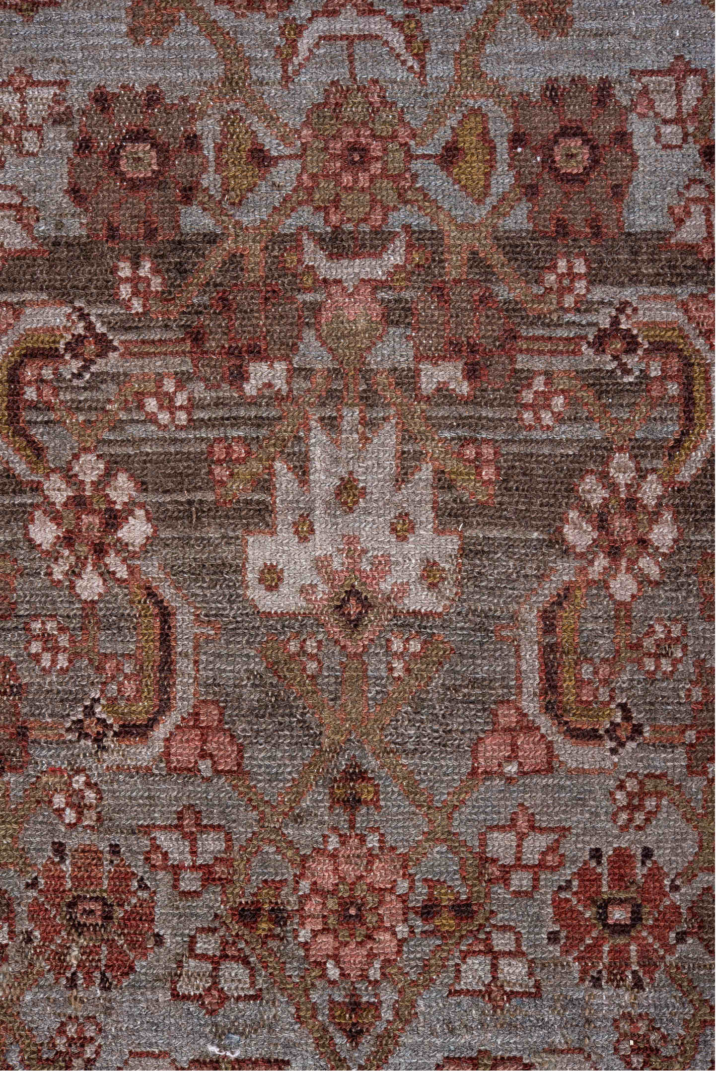 3' x 14' one-of-a-kind handmade vintage Malayer runner rug. Color palette: brown, gray, light gray, off-white, pink, silver