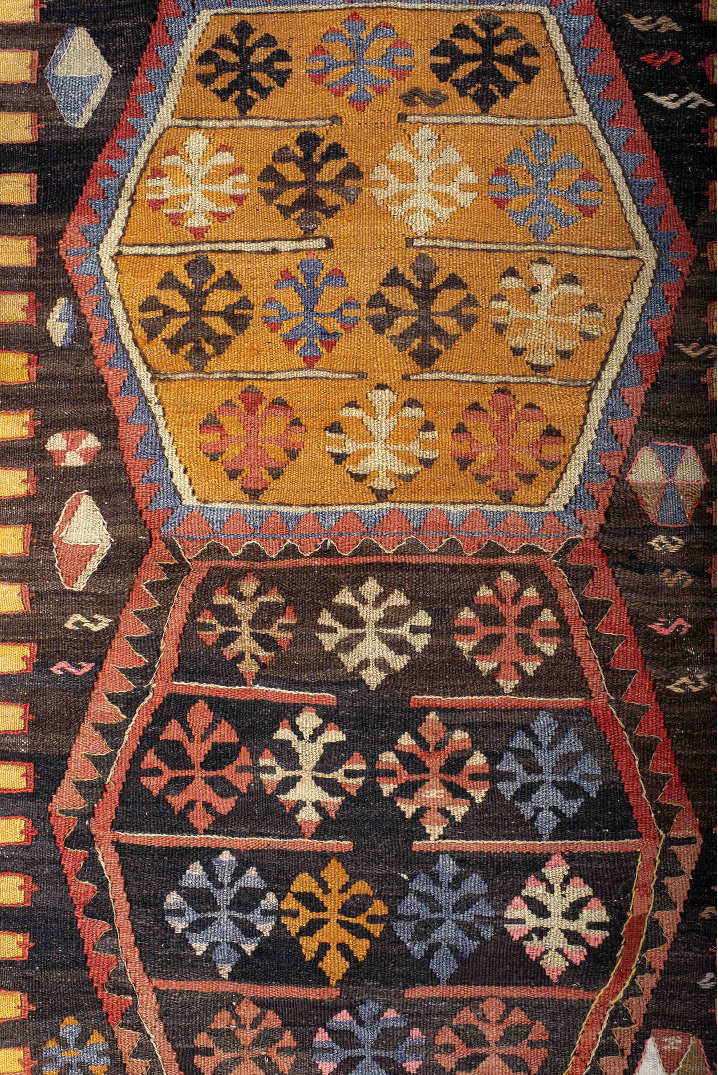 3' x 7' one-of-a-kind handmade vintage Kilim runner rug. Color palette: black, blue, brown, charcoal, gray, light gray