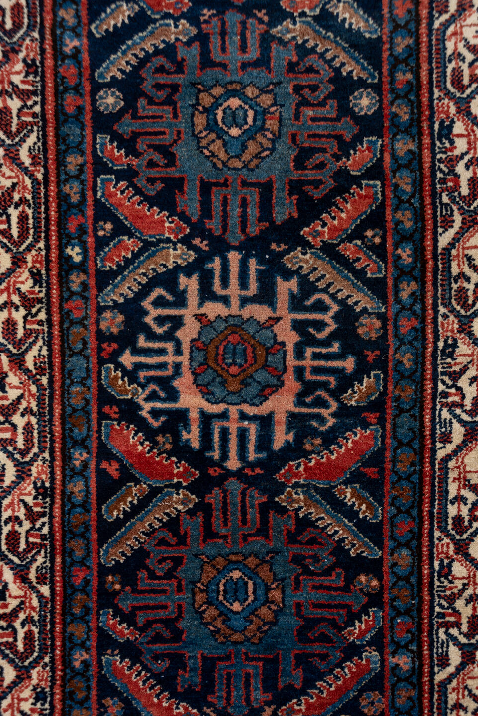 2' x 16' one-of-a-kind handmade vintage Malayer runner rug. Color palette: blue, brown, gray, off-white, pink, red, redwood