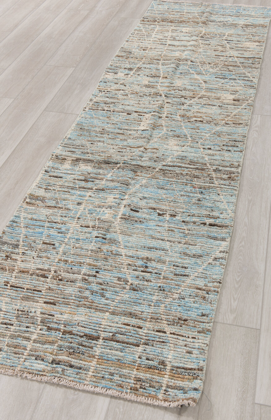 2' x 9' one-of-a-kind handmade vintage Tulu runner rug. Color palette: dark gray, dim gray, gainsboro, gray, light gray