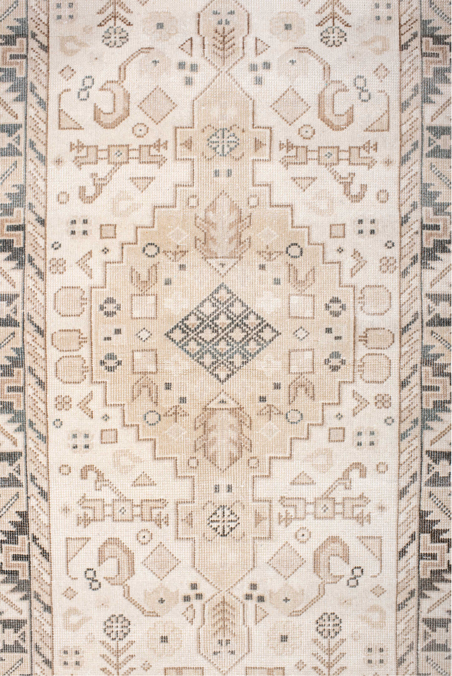 2' x 13' one-of-a-kind handmade vintage Sivas runner rug. Color palette: antiquewhite, brown, dark gray, gray, light gray