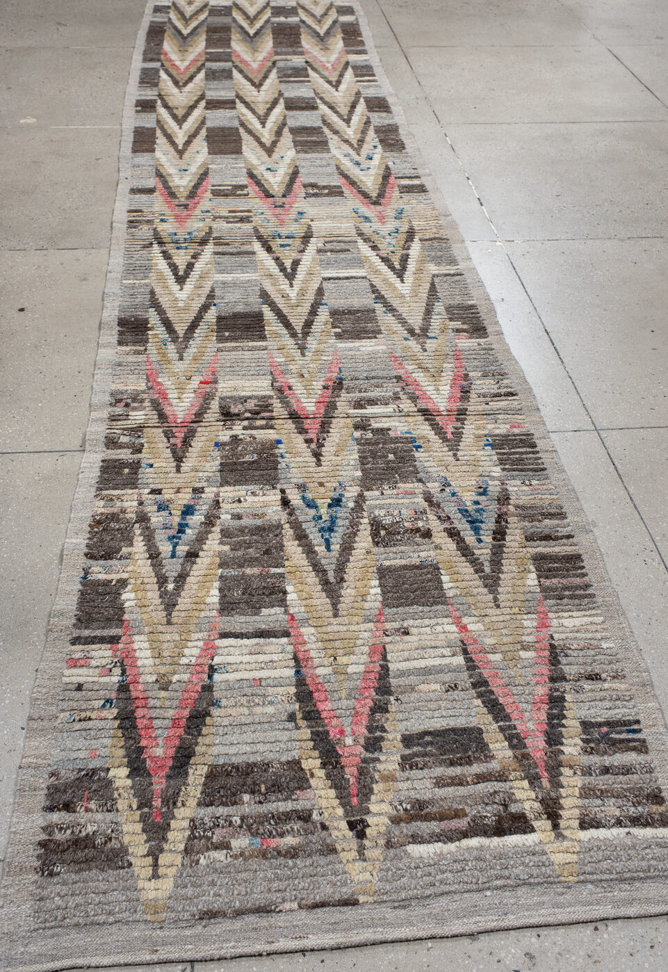 3' x 15' one-of-a-kind handmade vintage Tulu runner rug. Color palette: gray, red, brown, blue, light gray, off-white, pink