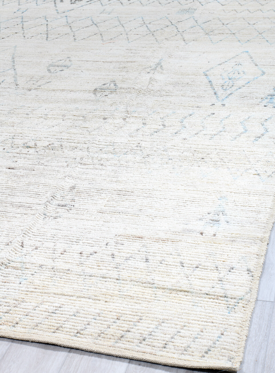 12' x 14' one-of-a-kind handmade vintage Tulu oversize rug. Color palette: azure, blue, gainsboro, gray, light blue