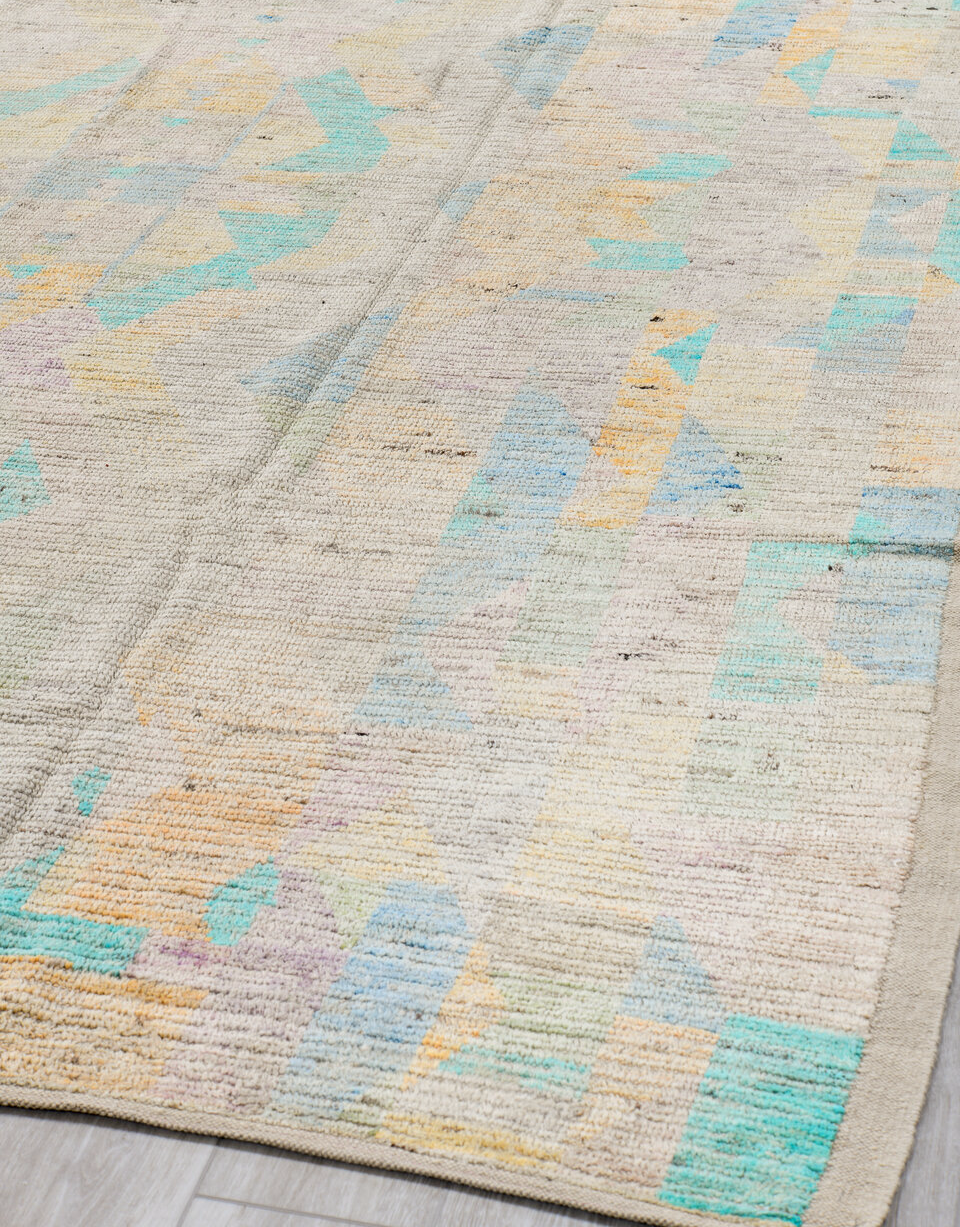 9' x 11' one-of-a-kind handmade vintage Tulu large size rug. Color palette: black, blue, brown, gainsboro, gray, green