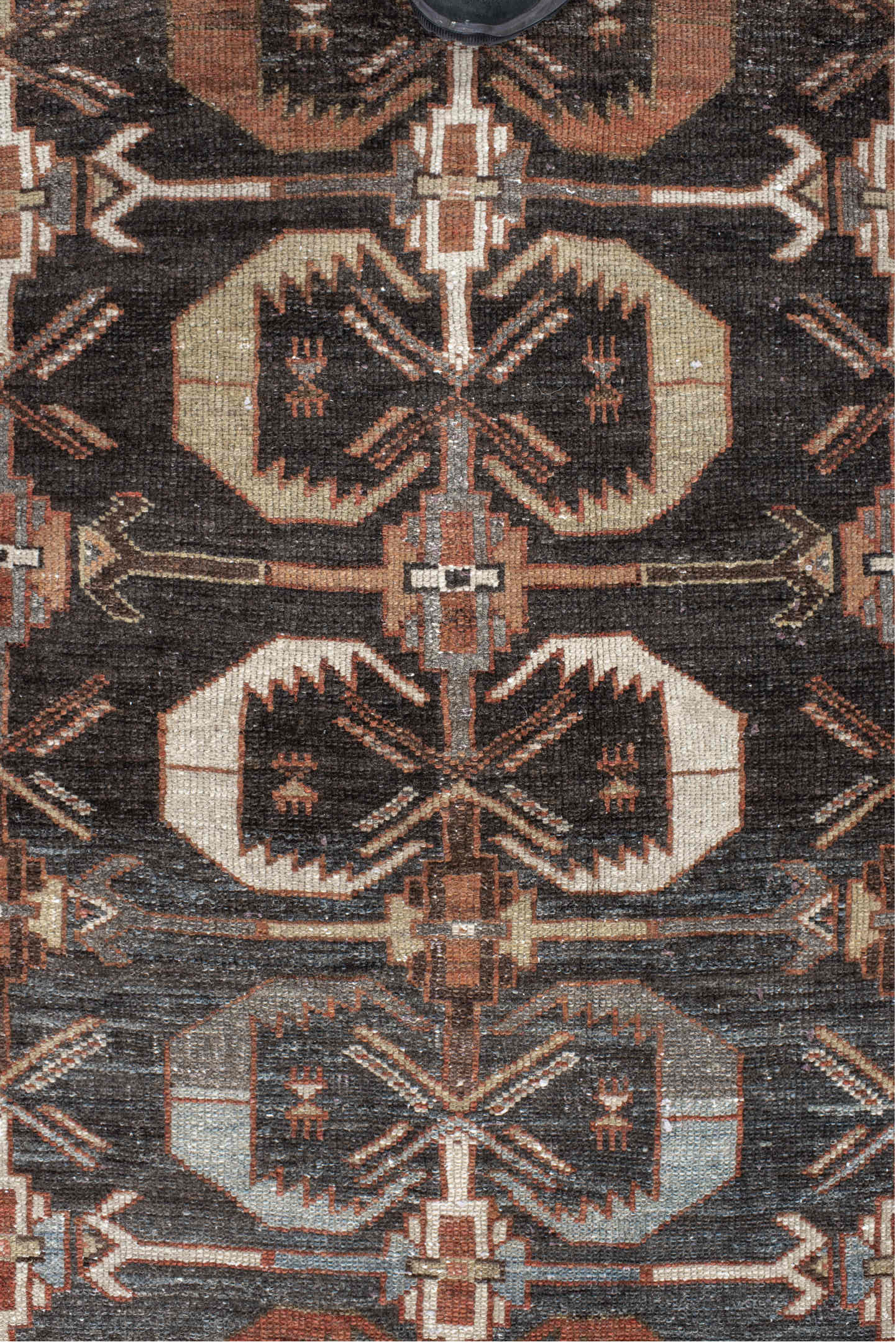 4' x 7' one-of-a-kind handmade vintage Shirvan rug. Color palette: gray, brown, off-white, pink, light gray, black, linen