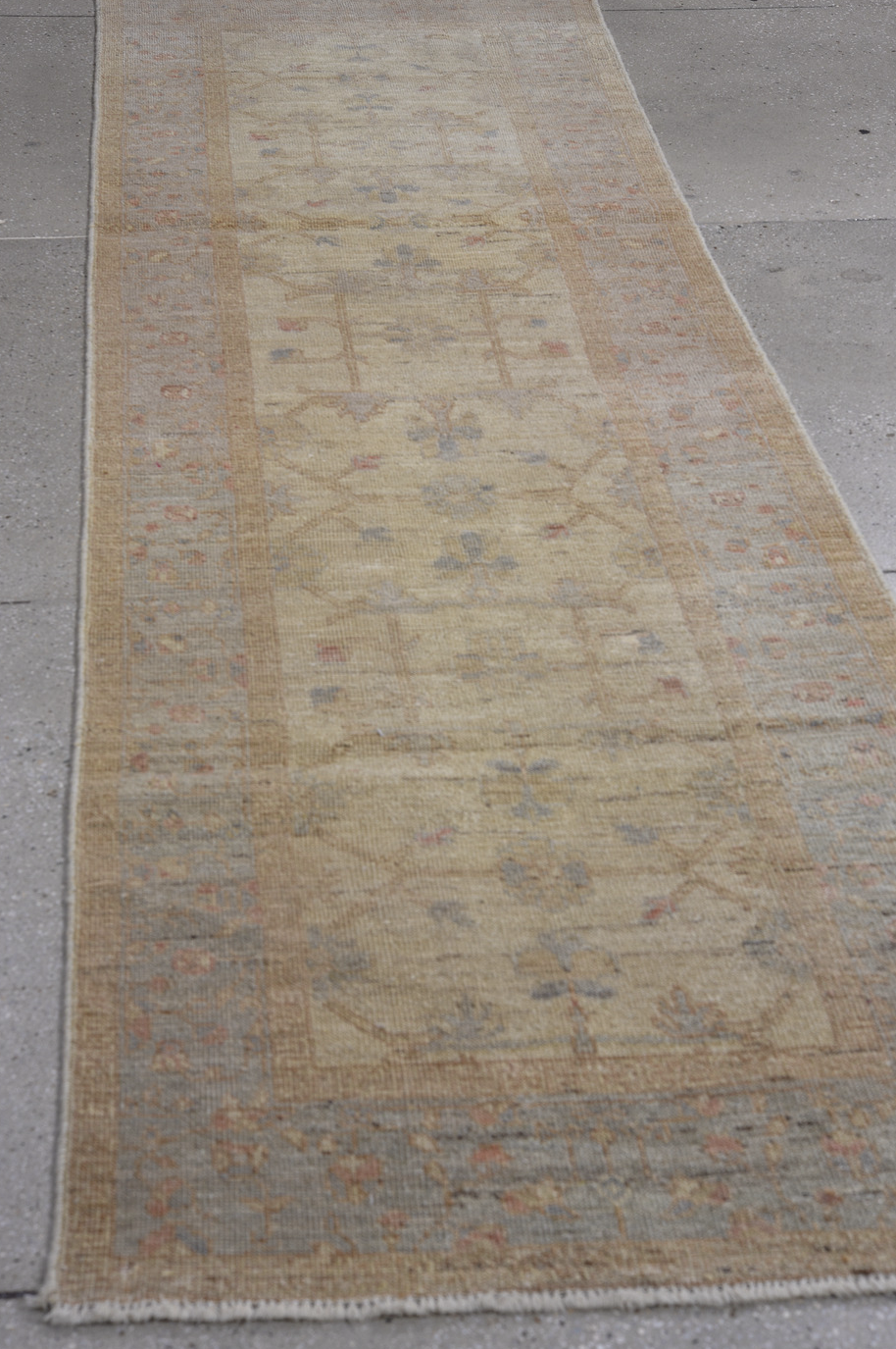 2' x 9' one-of-a-kind handmade vintage Oushak runner rug. Color palette: brown, gray, light gray, silver