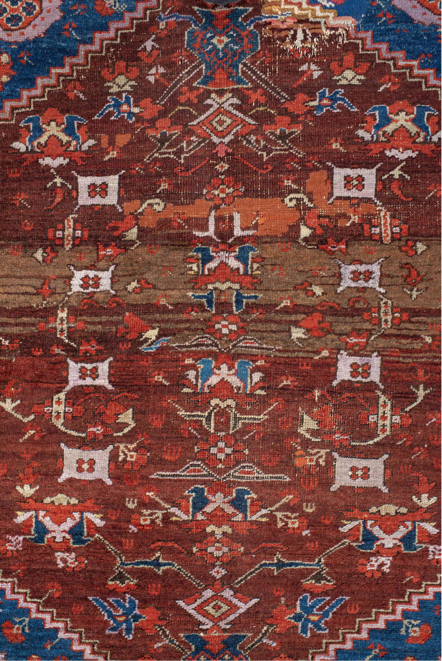 4' x 5' one-of-a-kind handmade vintage Anatol small size rug. Color palette: red, blue, gray, brown, off-white, orange