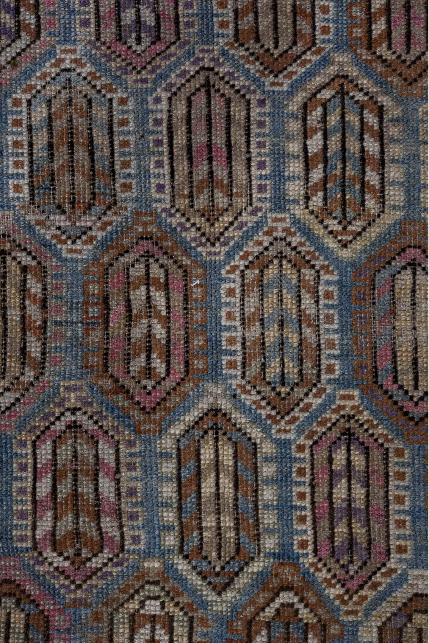 4' x 10' one-of-a-kind handmade vintage Karabagh runner rug. Color palette: blue, brown, gray, light gray, pink, red