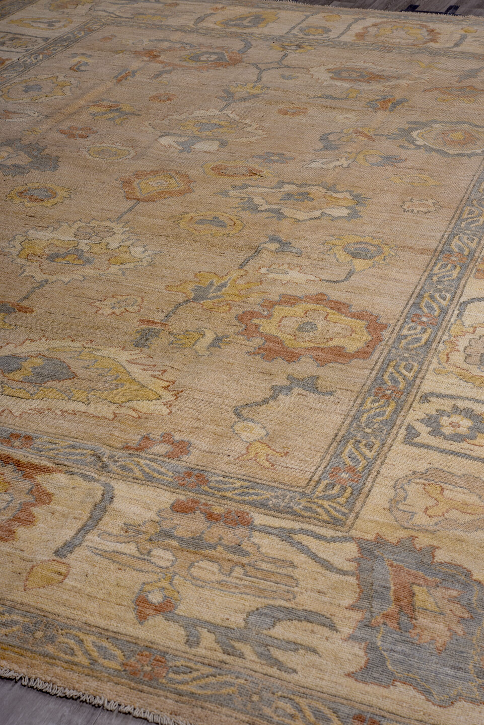 10' x 13' one-of-a-kind handmade vintage Oushak large size rug. Color palette: brown, gray, light gray, off-white, orange