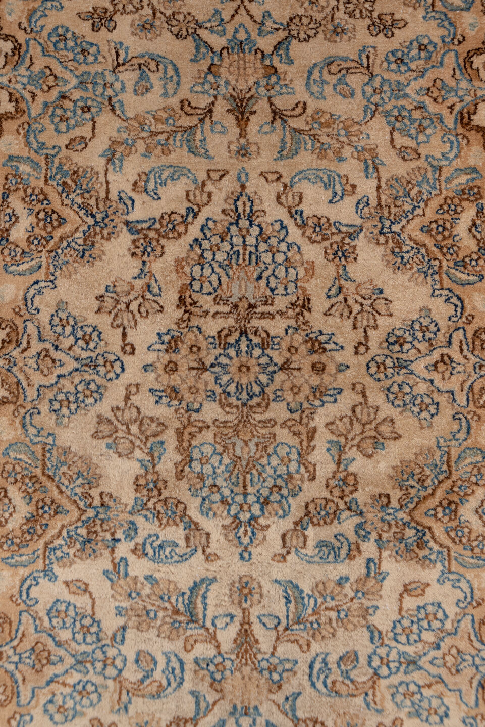 2' x 17' one-of-a-kind handmade vintage Kerman runner rug. Color palette: brown, gray, off-white, orange, snow, white