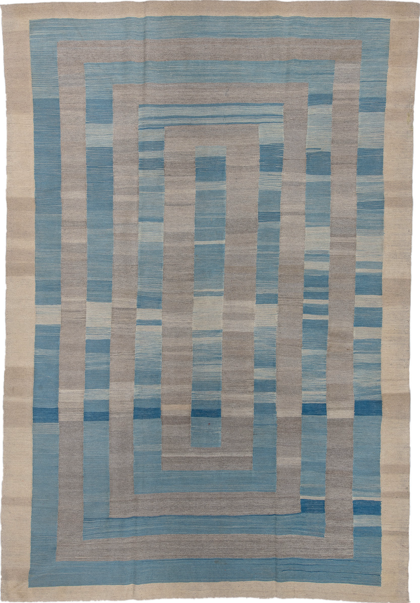 8' x 12' one-of-a-kind handmade vintage Kilim large size rug. Color palette: black, blue, charcoal, dark gray, dim gray