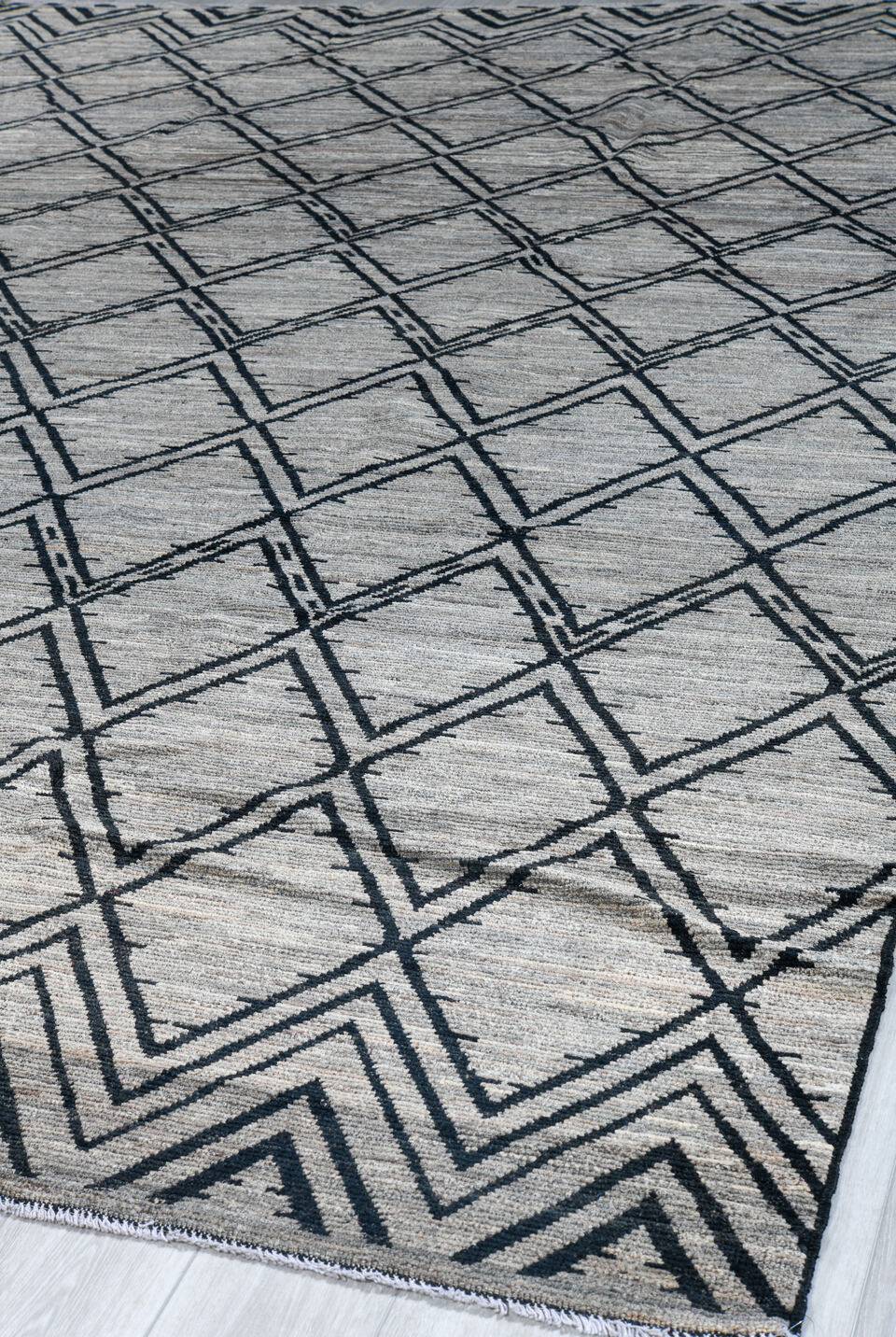 10' x 13' one-of-a-kind handmade vintage Tulu large size rug. Color palette: black, blue, dark gray, dim gray, fiord