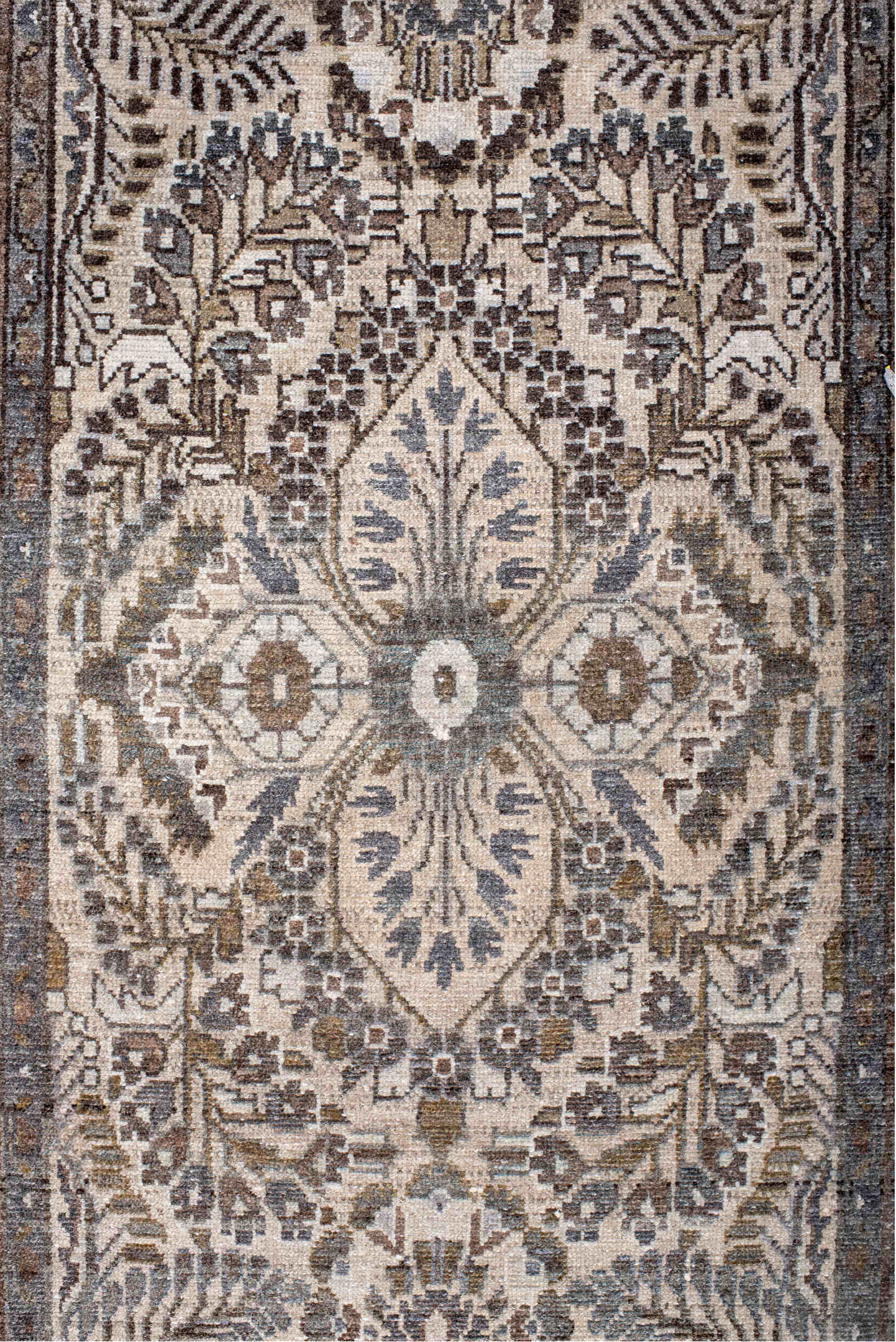 2' x 12' one-of-a-kind handmade vintage Dargazin runner rug. Color palette: brown, dark gray, dim gray, gray, light gray