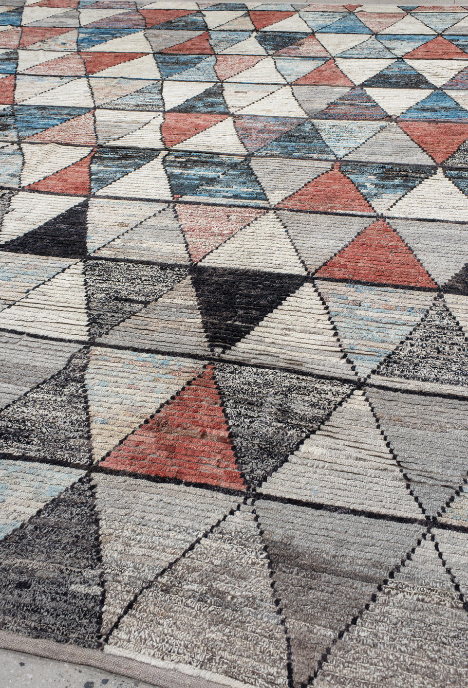 14' x 14' one-of-a-kind handmade vintage Tulu oversize rug. Color palette: black, blue, brown, dim gray, gainsboro, gray