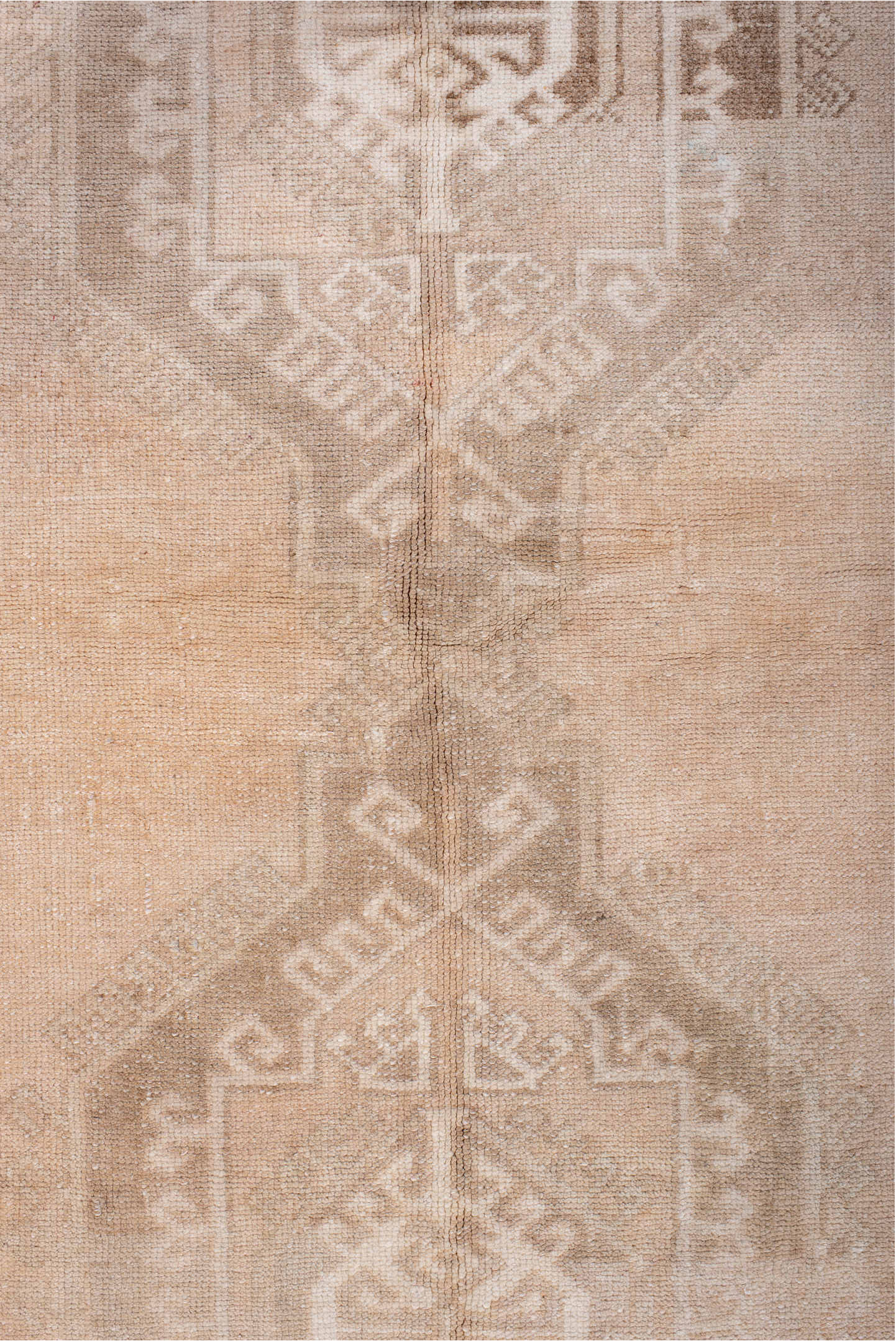 3' x 6' one-of-a-kind handmade vintage Anatol runner rug. Color palette: brown, gray, light gray, off-white, orange, pink