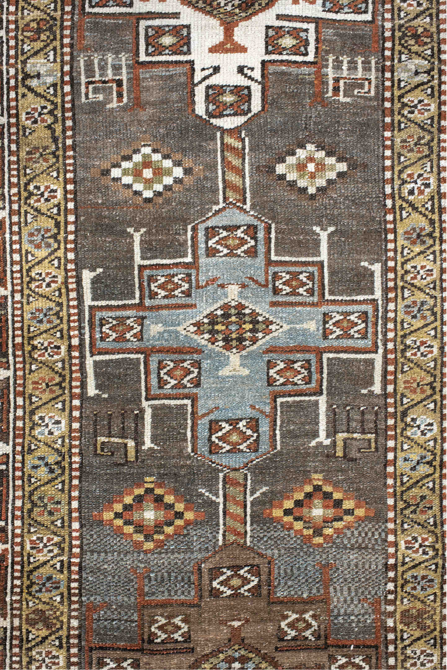 2' x 14' one-of-a-kind handmade vintage Heriz runner rug. Color palette: antiquewhite, brown, dark gray, gainsboro, gray