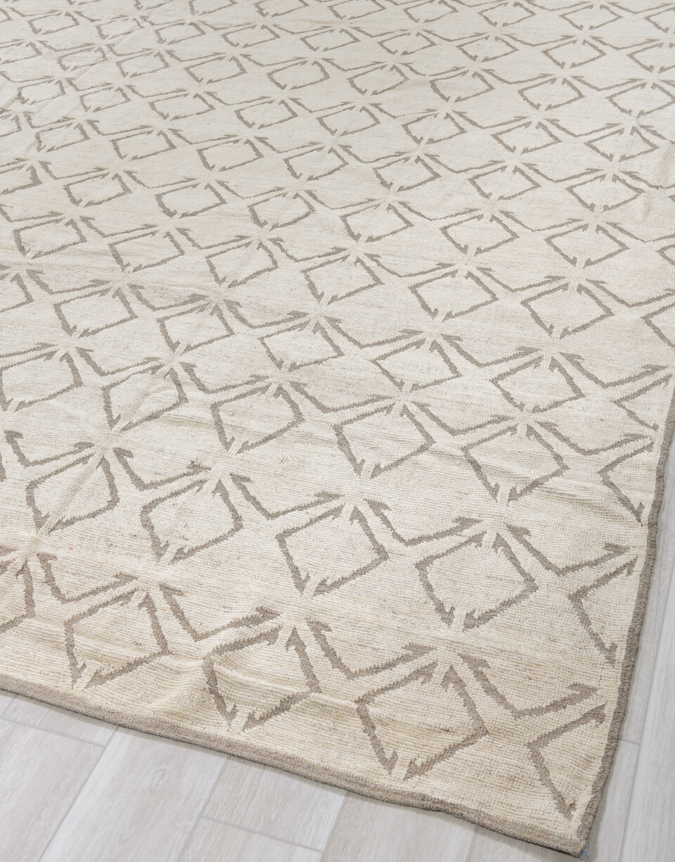 10' x 13' one-of-a-kind handmade vintage Tulu large size rug. Color palette: off-white, gray, light gray, brown, pink