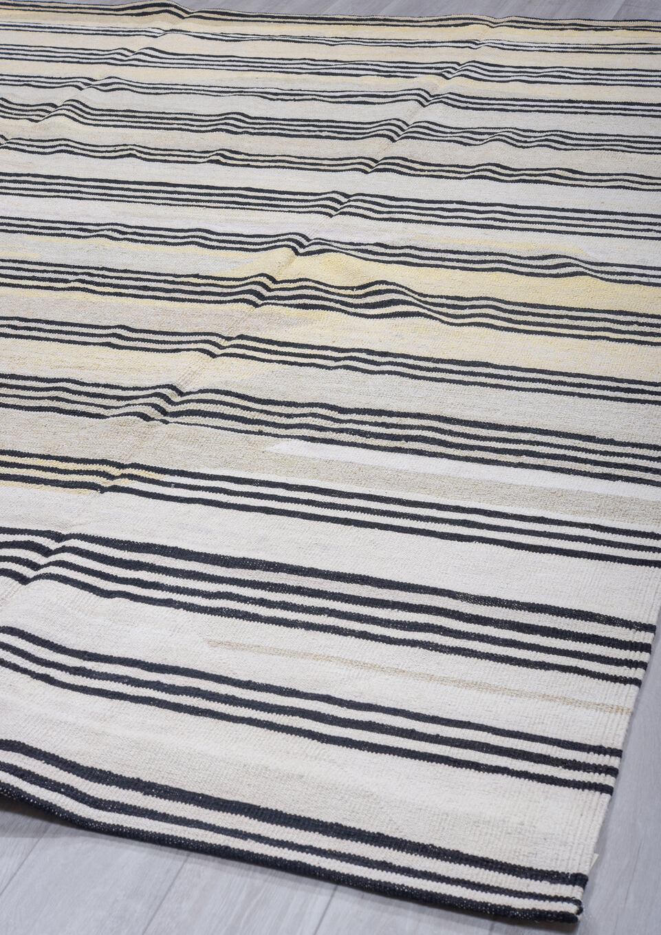 9' x 12' one-of-a-kind handmade vintage Kilim large size rug. Color palette: black, blue, dark gray, dim gray, gainsboro