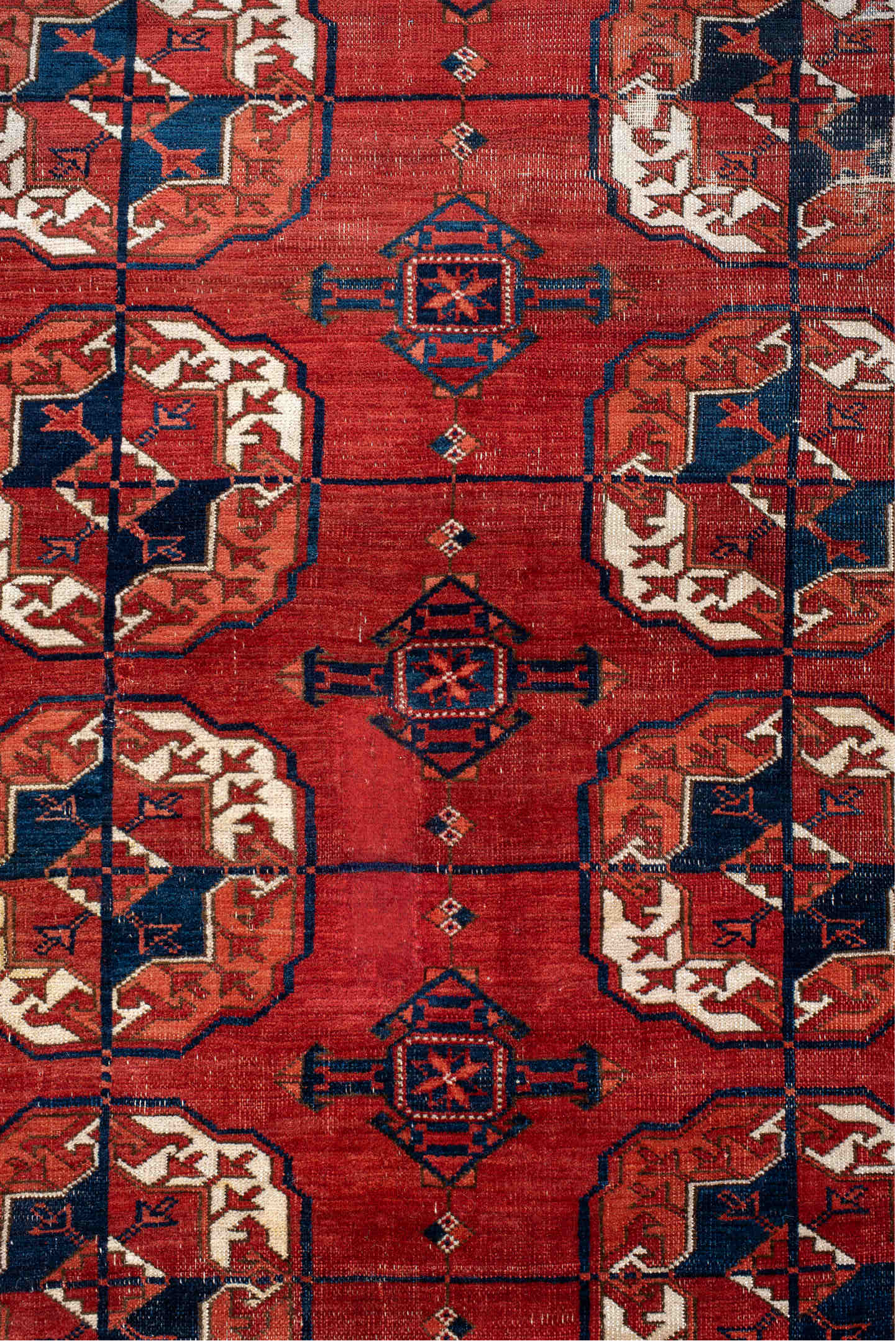 8' x 13' one-of-a-kind handmade vintage Bokara large size rug. Color palette: pink, red, brown, off-white, gray, blue