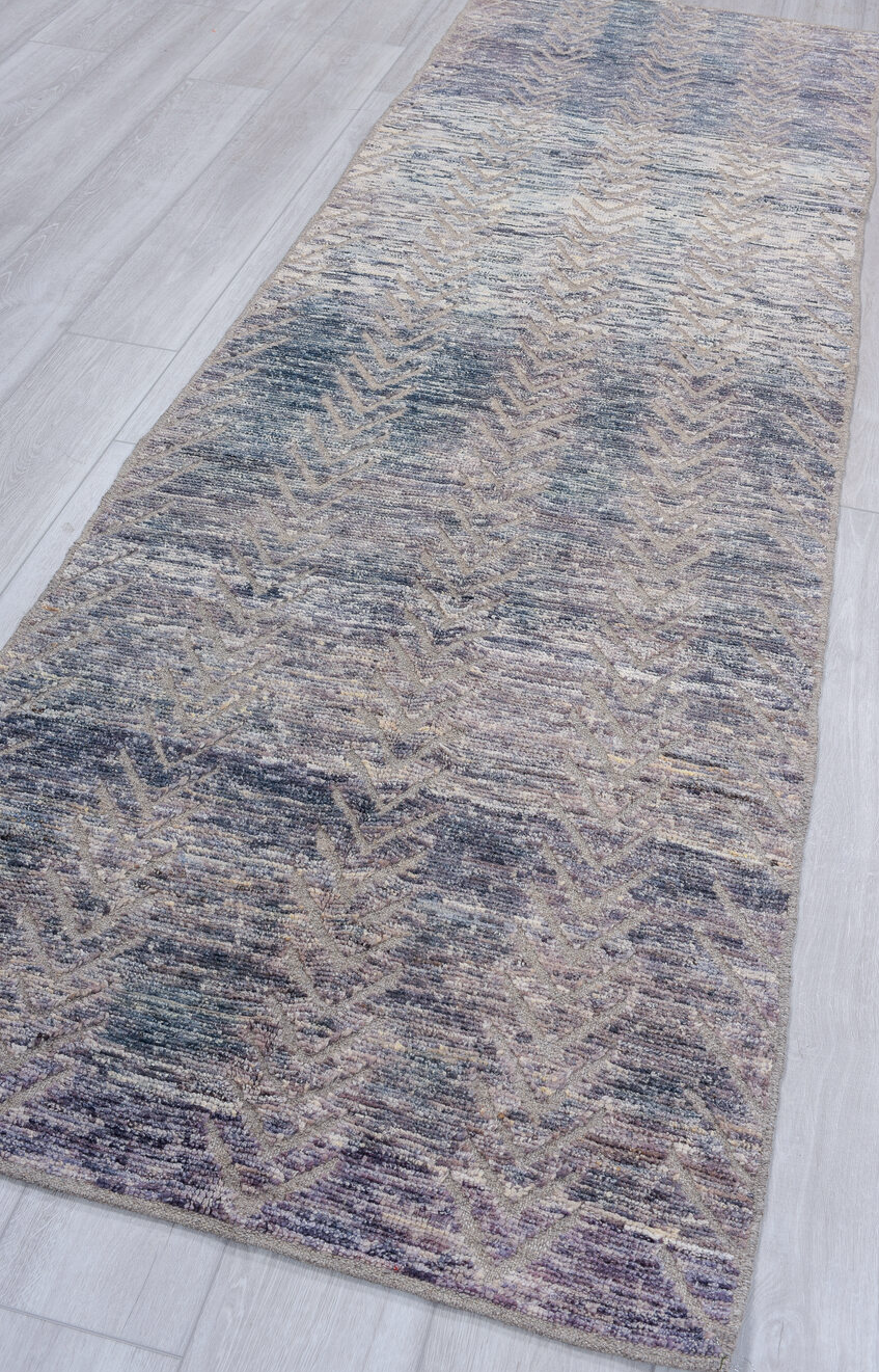 3' x 9' one-of-a-kind handmade vintage Tulu runner rug. Color palette: blue, dark gray, gainsboro, gray, light blue