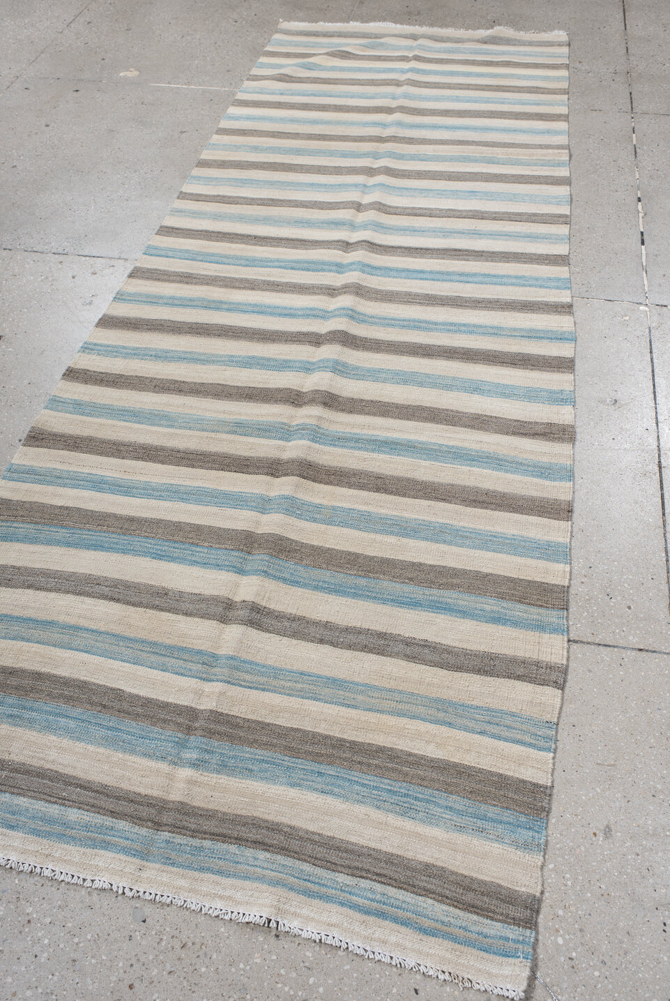 3' x 9' one-of-a-kind handmade vintage Kilim runner rug. Color palette: dark gray, gray, light gray, off-white, pink, silver