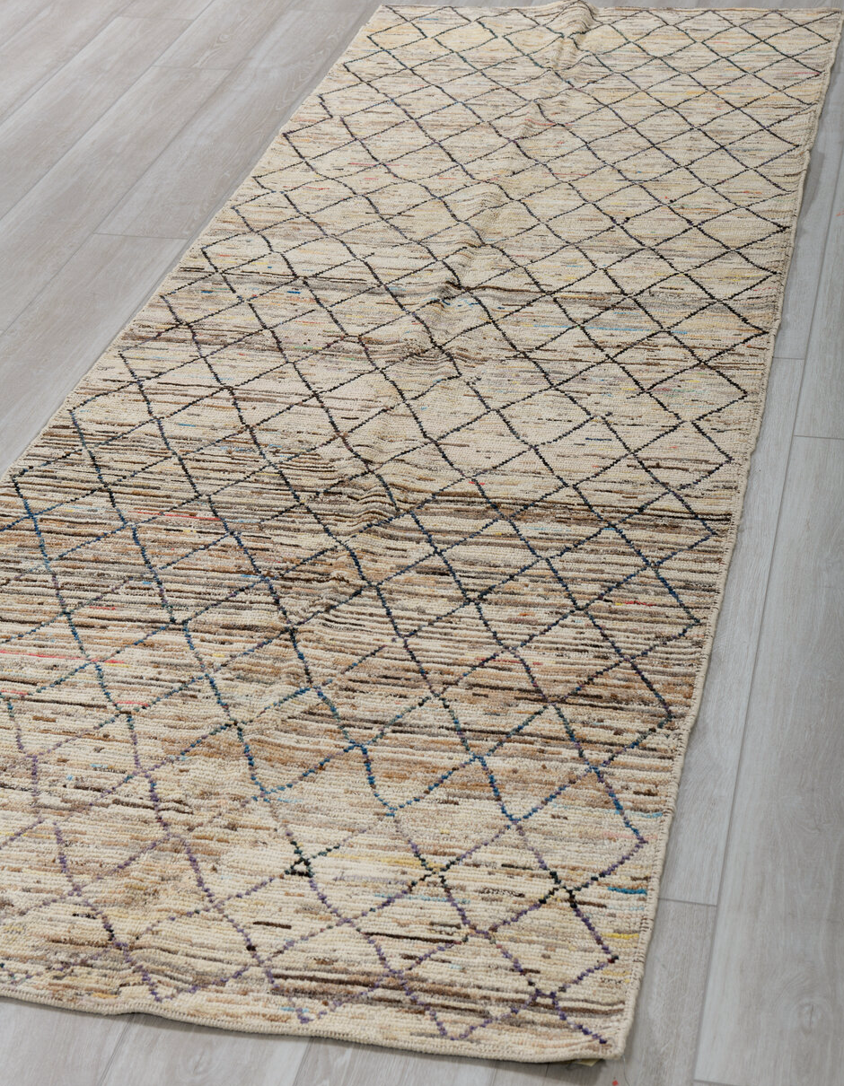 3' x 10' one-of-a-kind handmade vintage Tulu runner rug. Color palette: black, blue, brown, fiord, gray, light gray