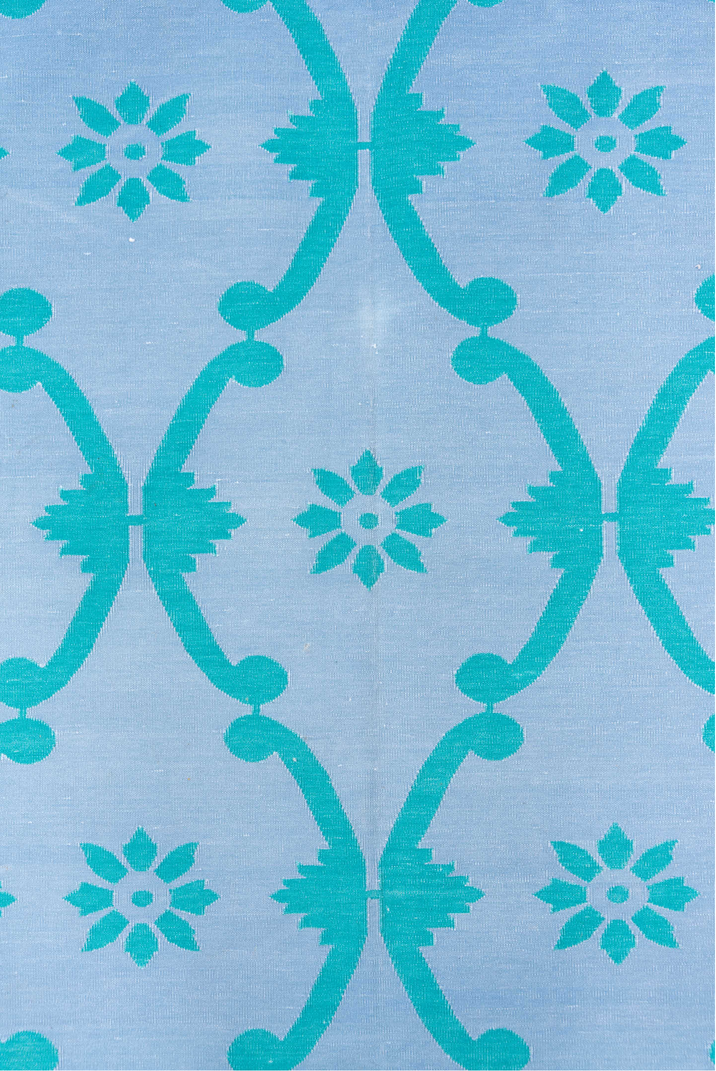 7' x 10' one-of-a-kind handmade vintage Dhurrie large size rug. Color palette: blue, green, light blue, light gray