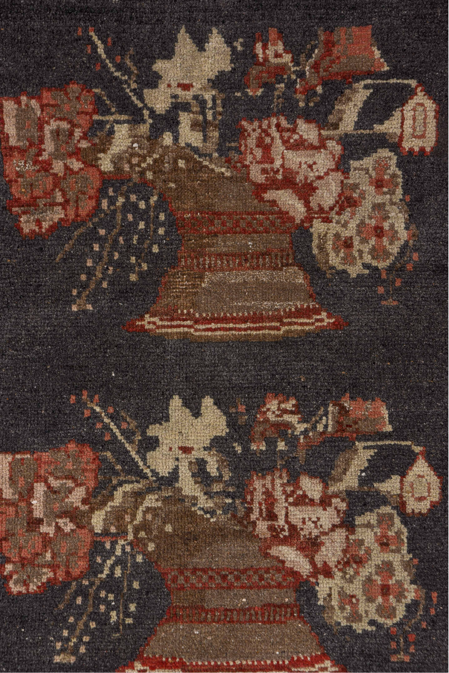 2' x 8' one-of-a-kind handmade vintage Oushak runner rug. Color palette: black, brown, charcoal, gray, off-white, pink, red