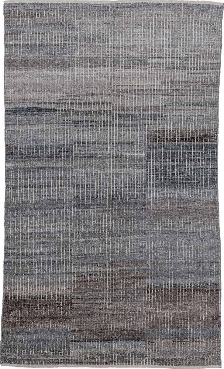 5' x 9' one-of-a-kind handmade vintage Tulu medium size rug. Color palette: black, blue, charcoal, dark gray, dim gray