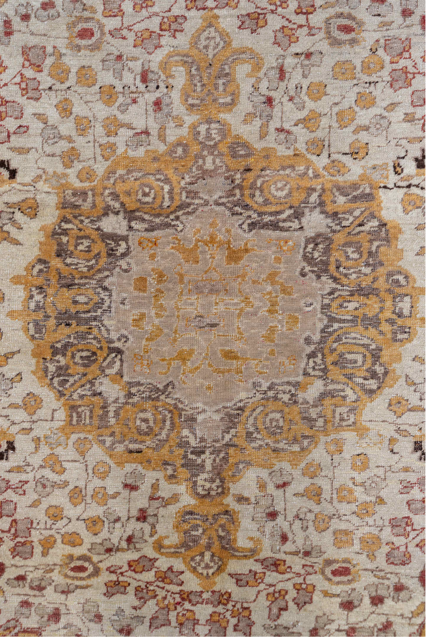 4' x 7' one-of-a-kind handmade vintage Oushak rug. Color palette: brown, burlywood, off-white, orange, pink, yellow