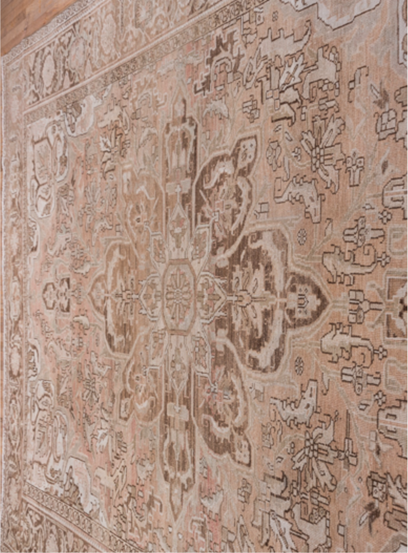 9' x 12' one-of-a-kind handmade vintage Heriz large size rug. Color palette: brown, gray, light gray, pink, silver