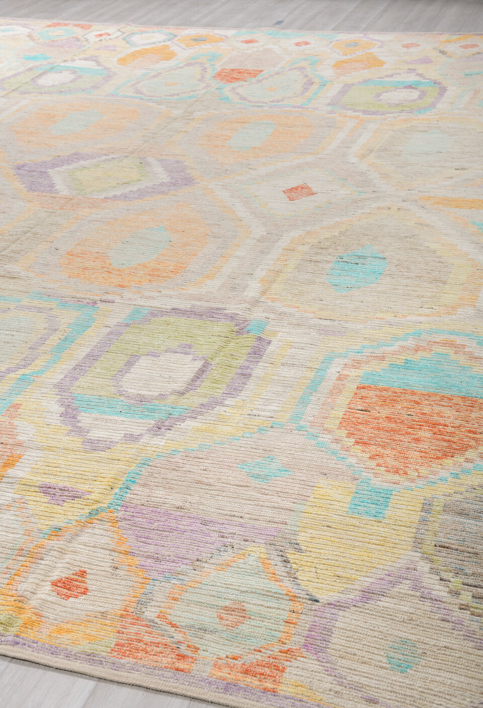 13' x 16' one-of-a-kind handmade vintage Tulu oversize rug. Color palette: blue, brown, cadet blue, gainsboro, gray