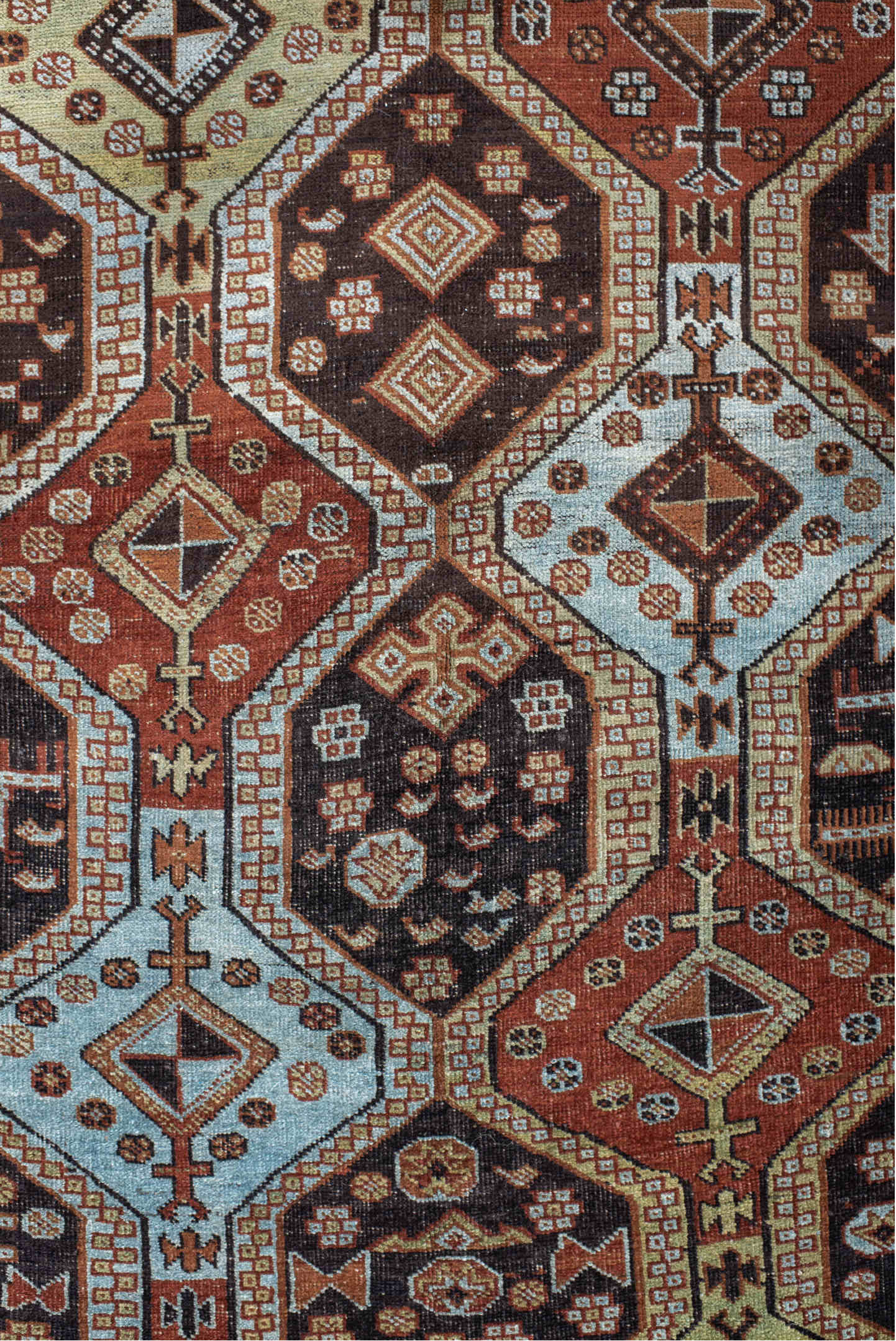 4' x 6' one-of-a-kind handmade vintage Belouch small size rug. Color palette: gray, light gray, off-white, brown, light blue