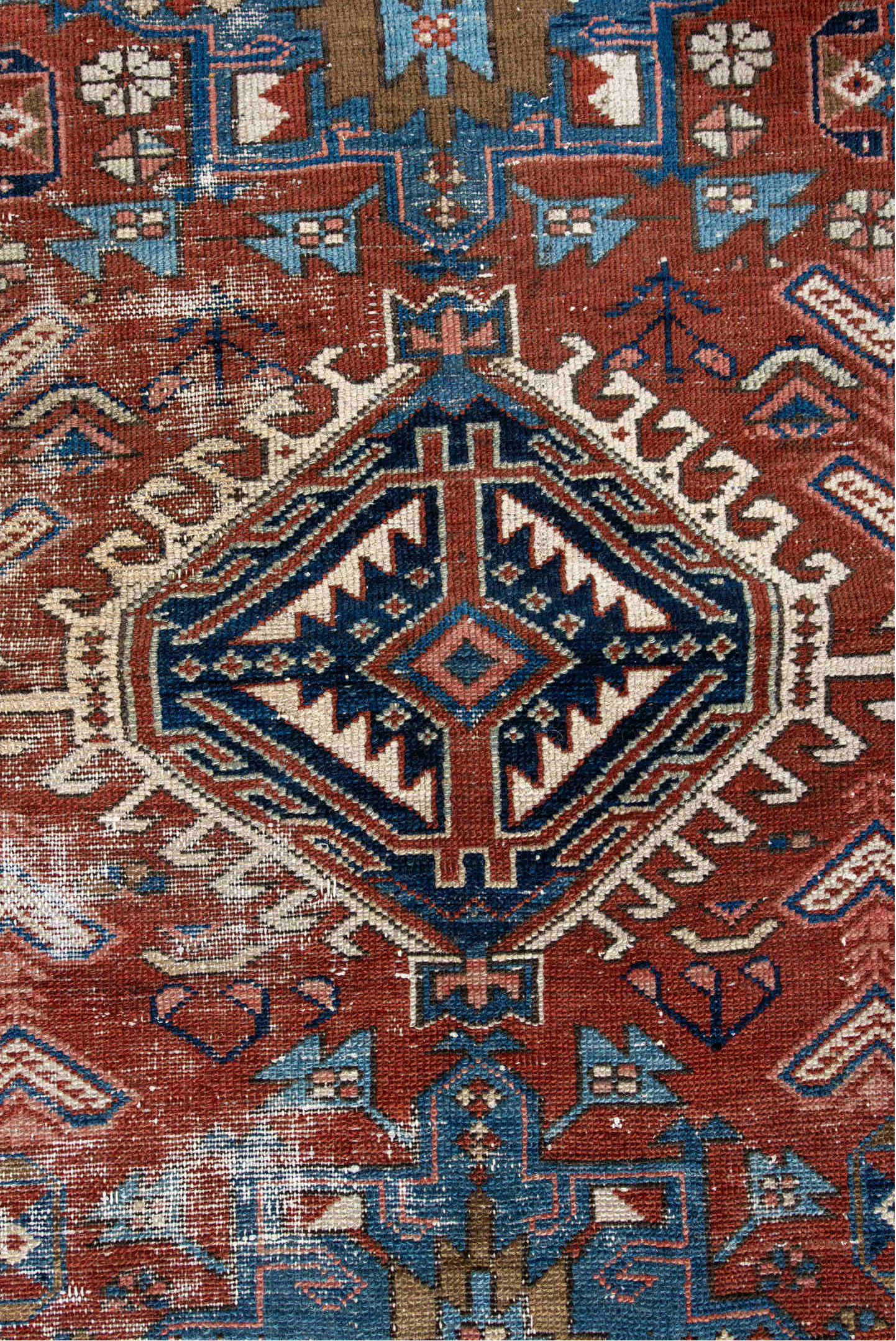 3' x 4' one-of-a-kind handmade vintage Karaje small size rug. Color palette: black, blue, brown, dark gray, gray, light gray