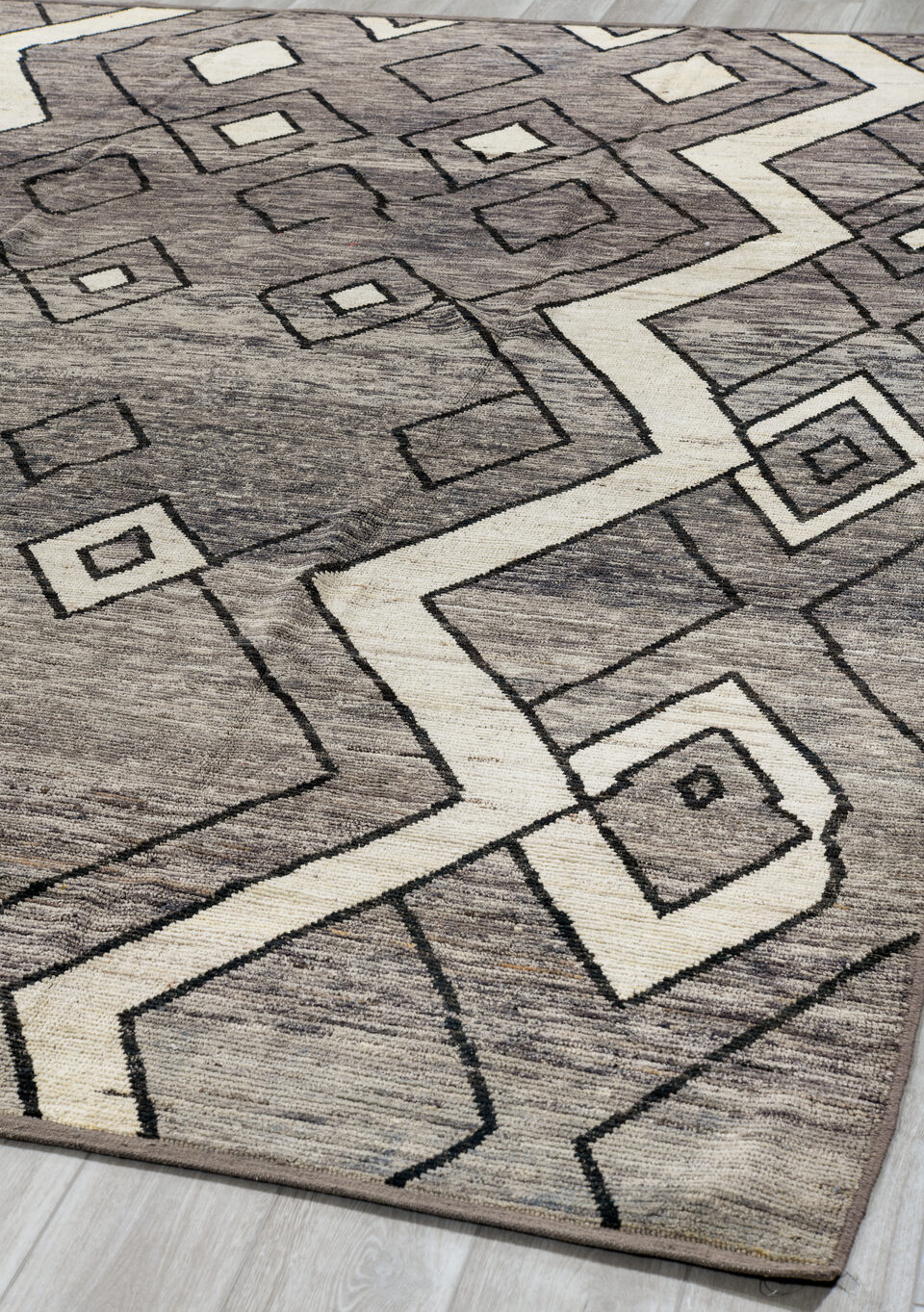 9' x 11' one-of-a-kind handmade vintage Tulu large size rug. Color palette: black, charcoal, dark gray, dim gray, gray