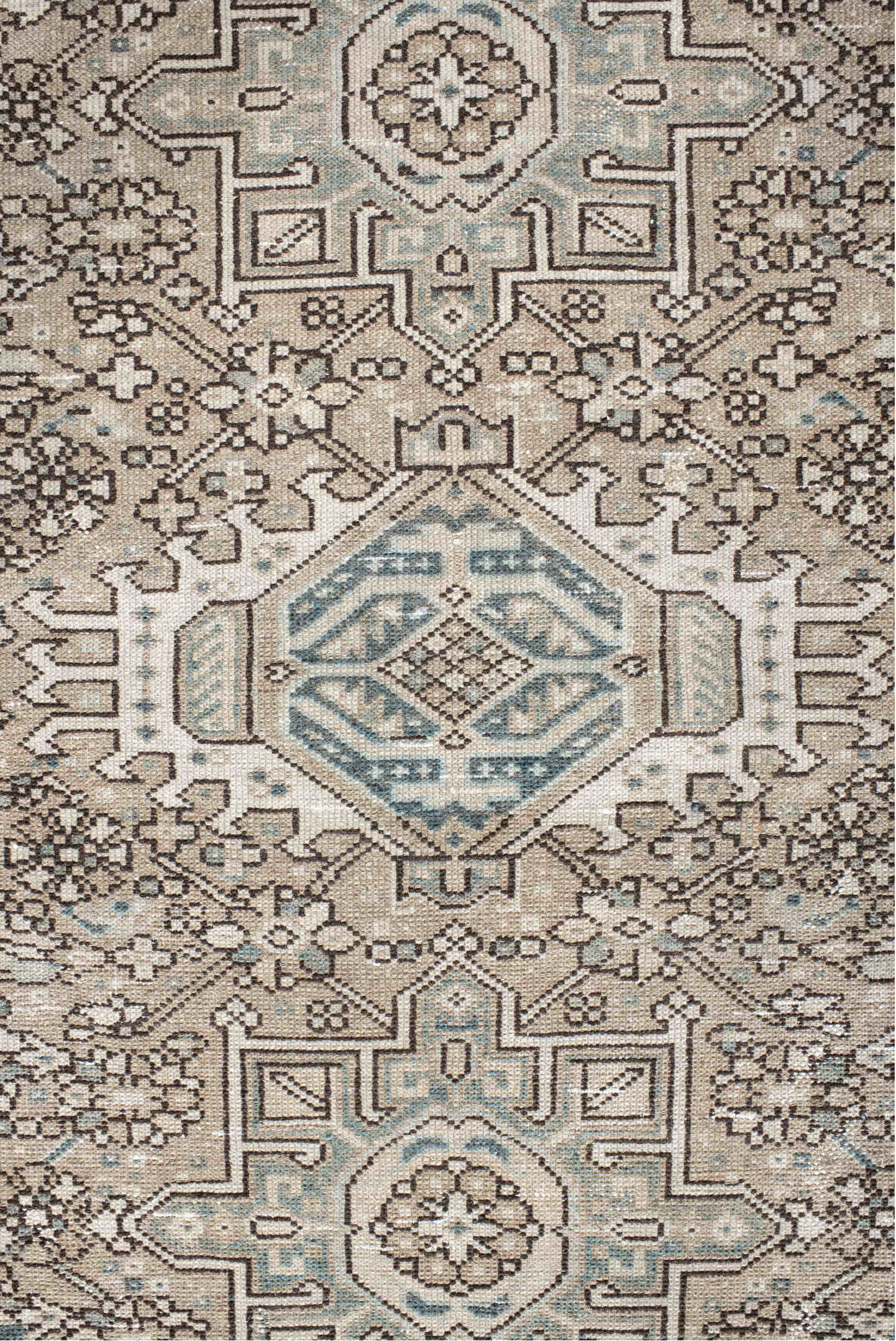 3' x 4' one-of-a-kind handmade vintage Karaje small size rug. Color palette: gray, off-white, light gray, pink, linen
