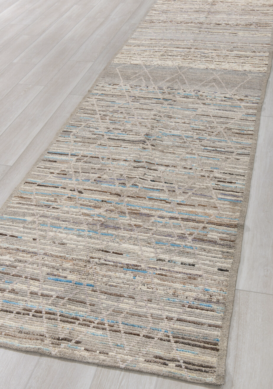 3' x 12' one-of-a-kind handmade vintage Tulu runner rug. Color palette: blue, dark gray, gray, light gray, off-white, silver