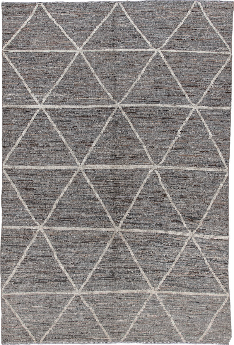 6' x 9' one-of-a-kind handmade vintage Tulu medium size rug. Color palette: black, charcoal, dark gray, dim gray, gainsboro