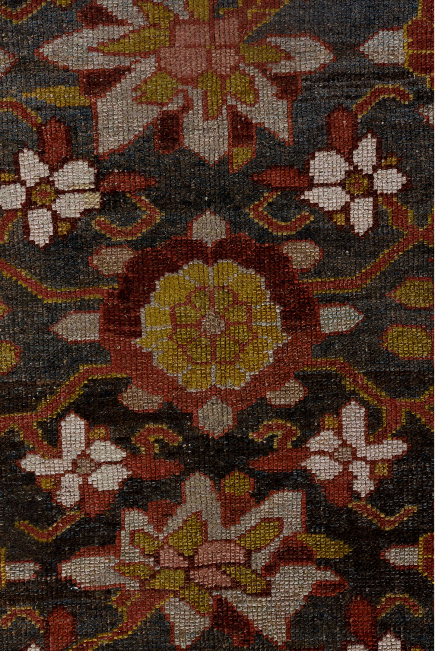 5' x 16' one-of-a-kind handmade vintage Varamin rug. Color palette: black, blue, brown, gray, light gray, pink, red