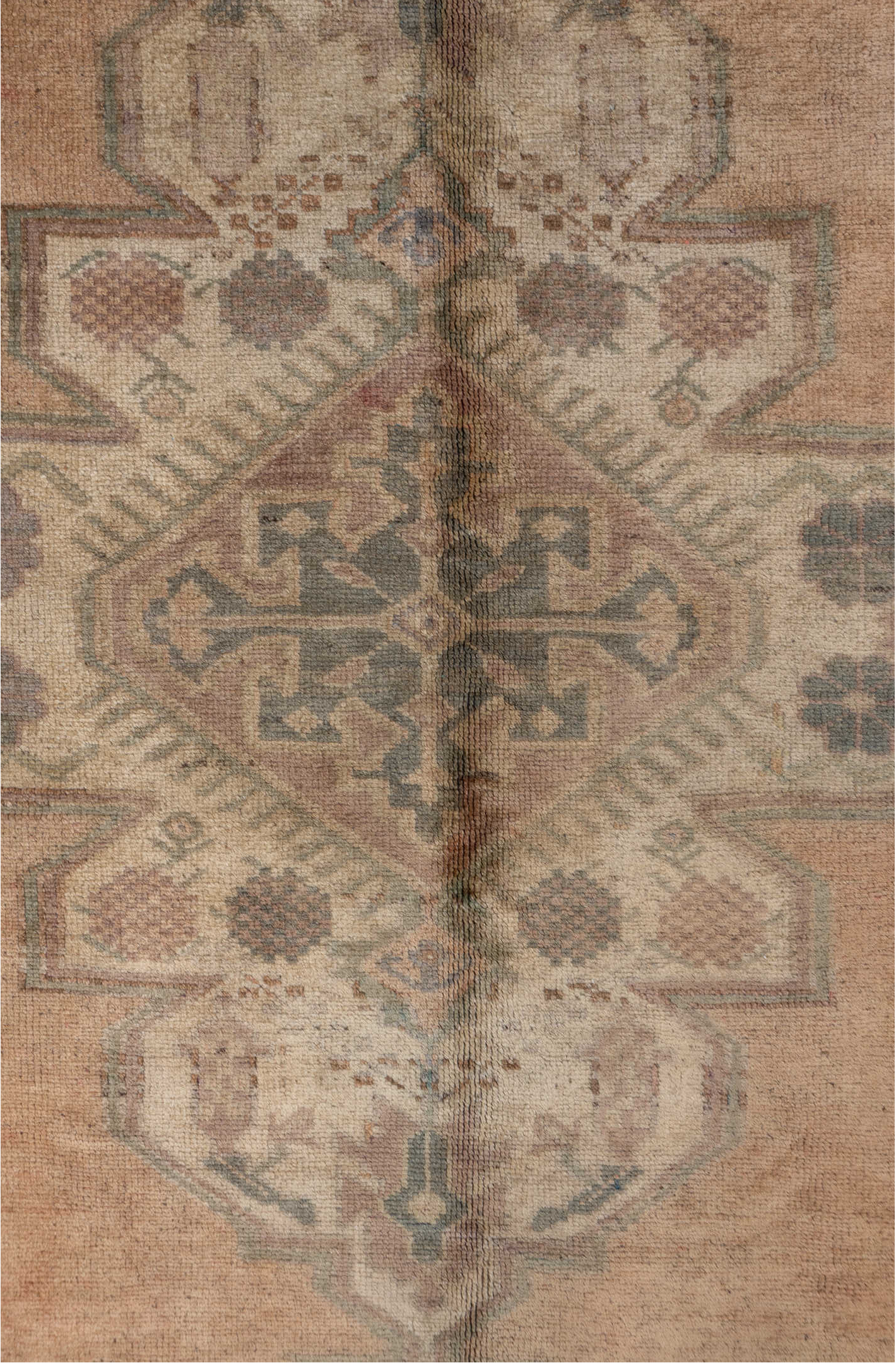 5' x 11' one-of-a-kind handmade vintage Oushak rug. Color palette: brown, gray, light gray, pink