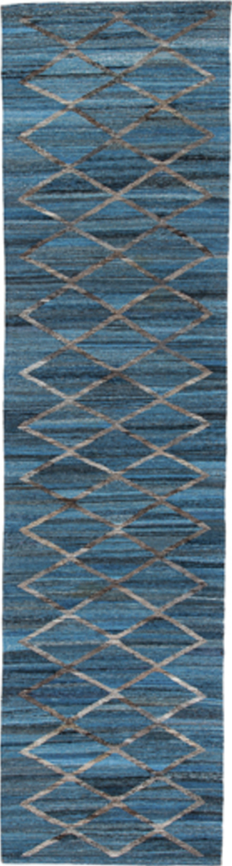 3' x 12' one-of-a-kind handmade vintage Kilim runner rug. Color palette: arapawa, blue, dark gray, dim gray, gray