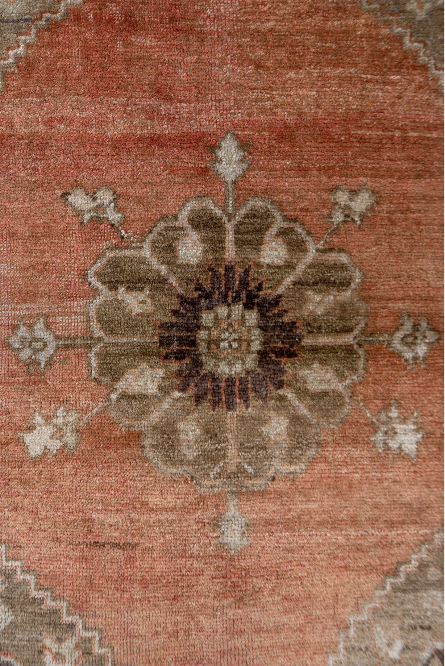 3' x 5' one-of-a-kind handmade vintage Oushak small size rug. Color palette: black, brown, gray, off-white, pink, snow