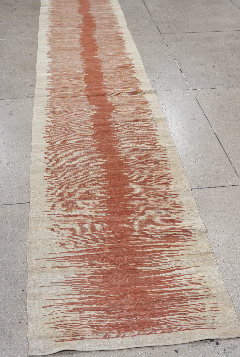 2' x 12' one-of-a-kind handmade vintage Kilim runner rug. Color palette: brown, gray, light gray, off-white, orange, pink