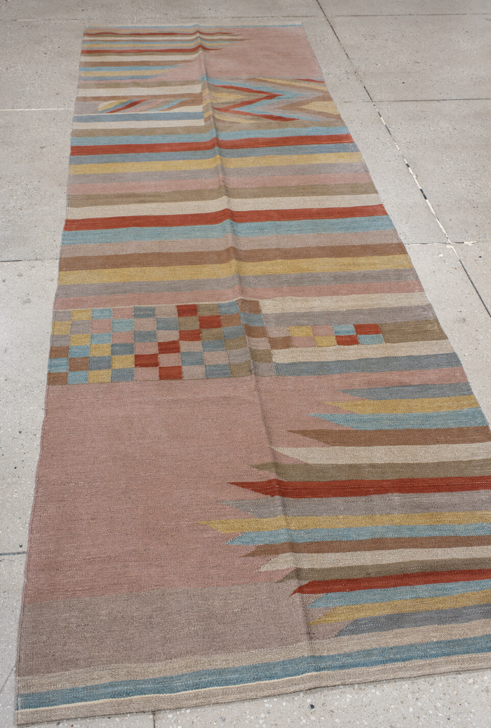 3' x 10' one-of-a-kind handmade vintage Kilim runner rug. Color palette: brown, gray, pink, red, dim gray