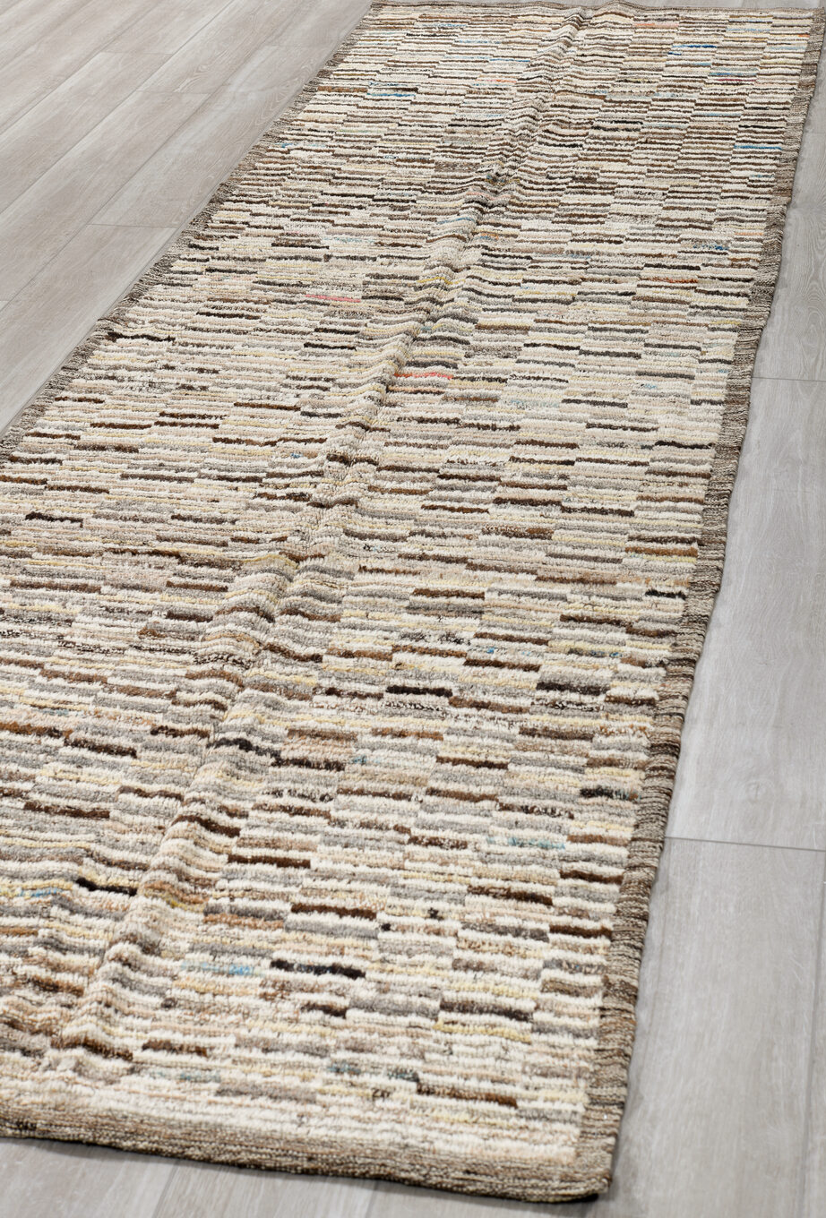 3' x 12' one-of-a-kind handmade vintage Tulu runner rug. Color palette: brown, dark gray, gainsboro, gray, light gray, linen