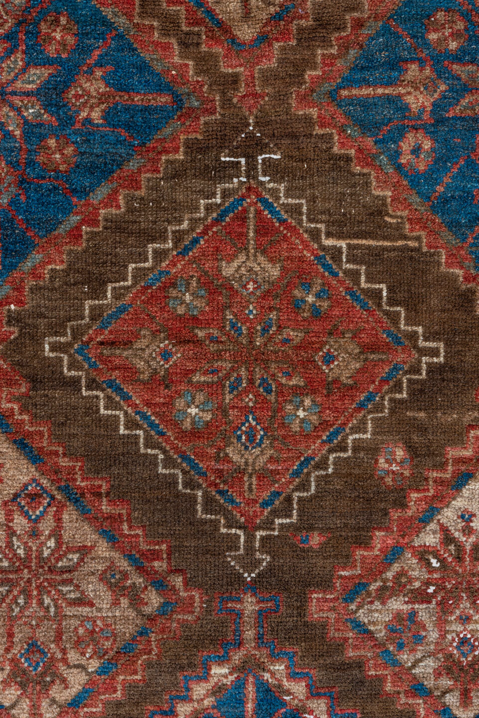 4' x 7' one-of-a-kind handmade vintage Malayer rug. Color palette: arapawa, black, blue, brown, gray, light gray, off-white