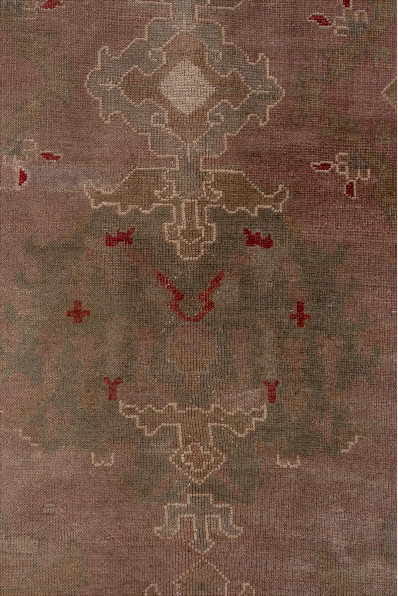 4' x 16' one-of-a-kind handmade vintage Oushak runner rug. Color palette: brown, gray, off-white, pink, red, snow, white